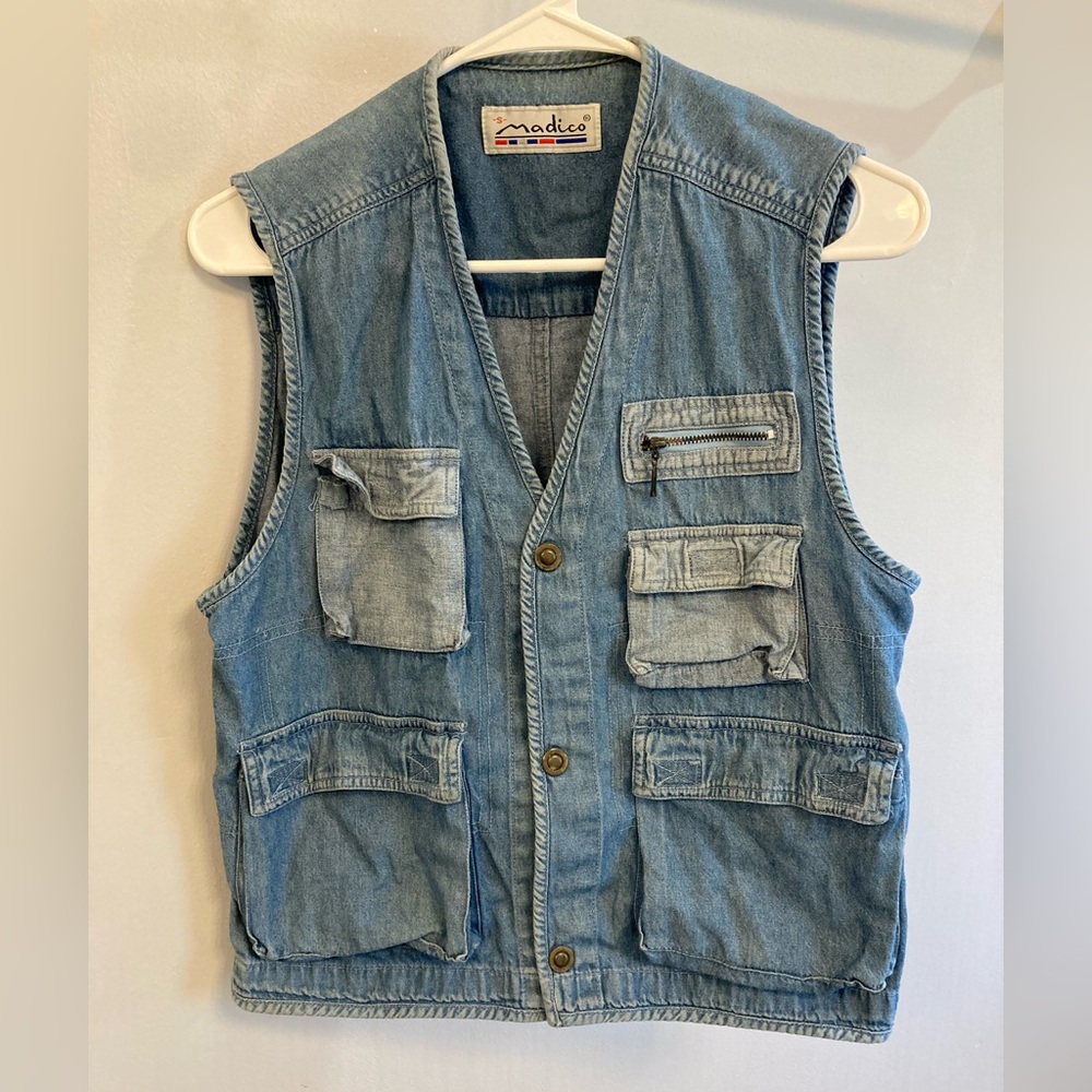 Vintage 90s 100% cotton Madico denim snap front utility vest size small